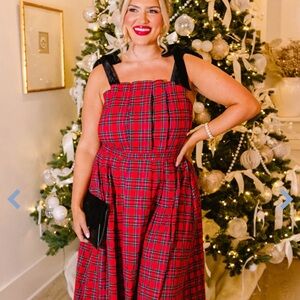 Chic Soul Red Plaid Midi Dress with Black Straps